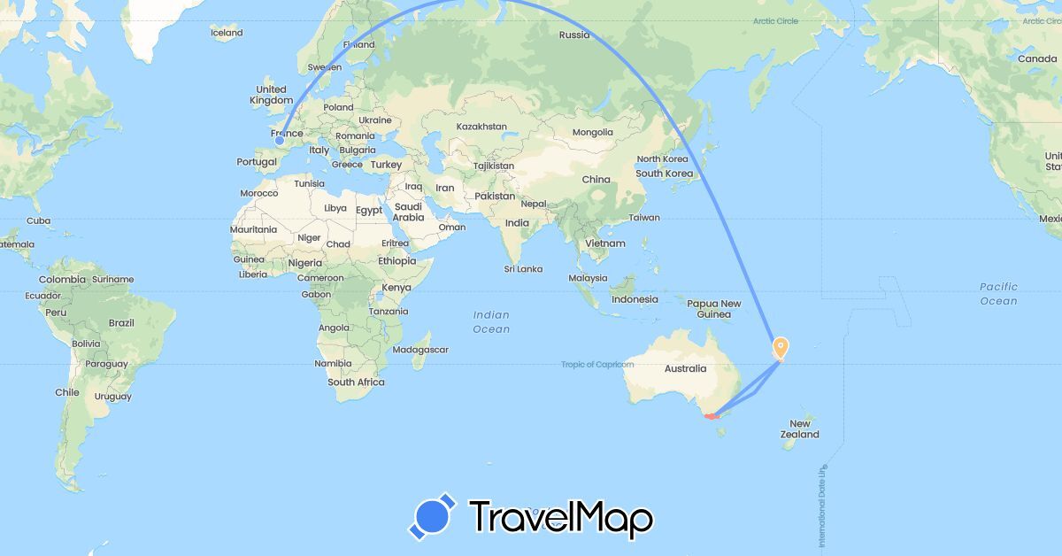 TravelMap itinerary: driving, boat, avion, road trip, À pied, van, métro, voiture, taxi boat, randonnée, catamaran in Australia, France, Japan, Netherlands (Asia, Europe, Oceania)